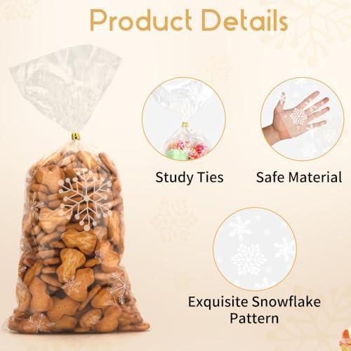 Snowflake Christmas Treat Bags, 200PCS Winter Cellophane Bags, Plastic Xmas Clear Frozen Cookie Candy Snack Goodie Gift Bag with Twist Ties for Christmas Winter Holiday Party Favors Supplies