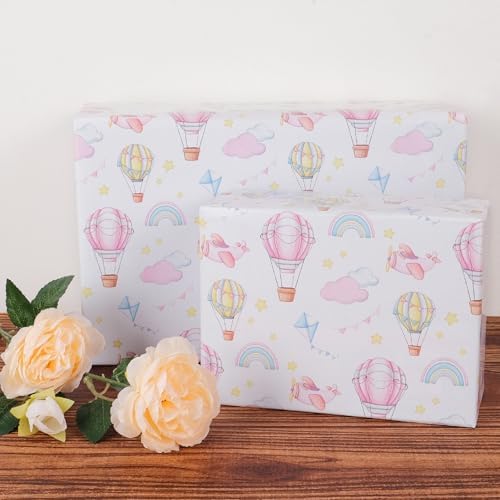 RayofSun Pink Hot Air Balloons Wrapping Paper for Baby Girl - 17 Inch x 32 Feet Mini Rolls Baby Shower Wrapping Paper Roll for Birthday, Girl’s Themed Party Celebrations Gift Wrap