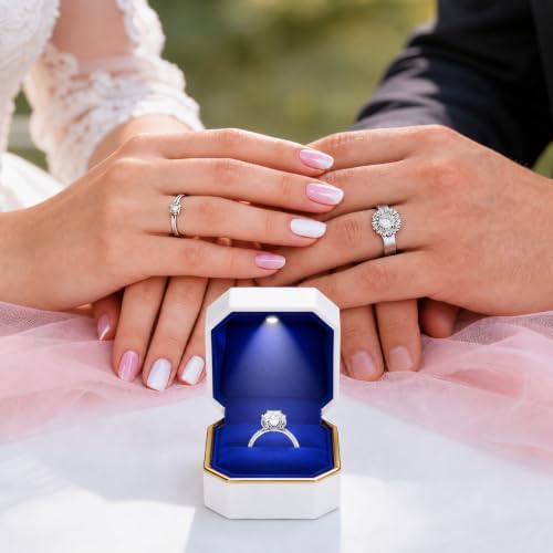 Luxury Velvet Engagement Ring Box with LED Light - Wedding Ring Box for Proposal, Jewelry Gift Box, Ring Case, Travel Engagement Gift for Wedding Day Anniversary