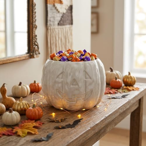 Ceramic Pumpkin Halloween Candy Bowl, 6.5 x 4.7 in, White