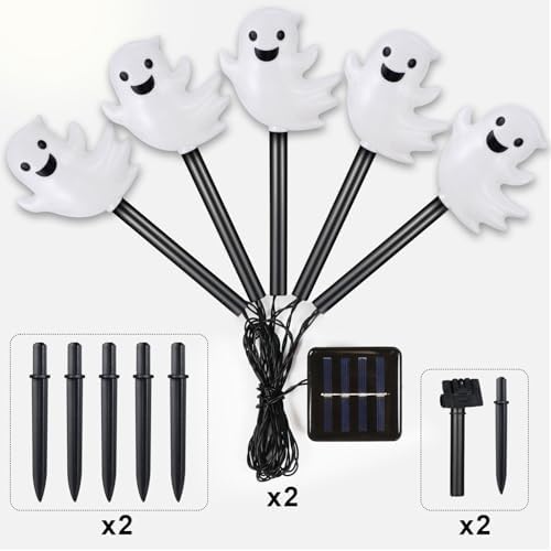 BRIGHTDECK Halloween Solar Pathway Lights Outdoor, LED Decor, Light Up Solar Stake Lights for Holiday, Halloween, Walkway, Sidewalk (Cold White Floating Ghost, 10-Pack)
