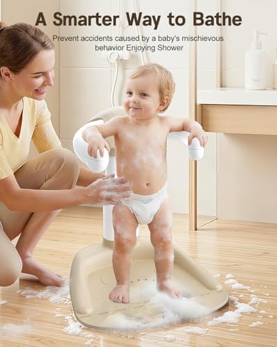 COOSEYA® Baby Shower Stand, Toddler Bath Stand Support with Thicker Colum, Anti-Pinch, Anti-Slip Base, Adjustable Shower Holder for Toddler Standing (Khaki)