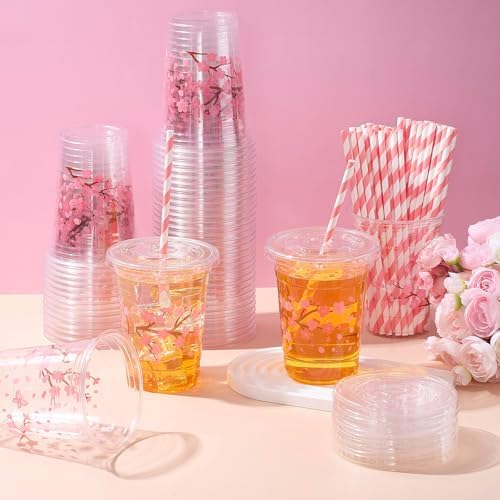 Funnymoom 50 Sets Pink Cherry Blossom Party Supplies Cherry Blossom Plastic Cups with Lids and Straws 16 oz Clear Floral Disposable Drinking Cups Bulk for Spring Birthday Baby Shower Party Supplies