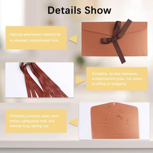 20 Pack Pearlescent Bronze Decorative Envelopes with Ribbon Bow, 8x4 Inch Christmas Cash Gift Envelope, Greeting Invitation Envelope Classical Pure Set for Wedding Birthday Festival and Party
