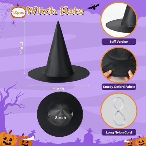12 PCS Halloween Witch Hat, Black Hanging Witch Hat Costume Accessories Thickened Hanging Wizard Hats Bulk with 109 FT Rope Floating Porch Indoor Outdoor Home Yard Party Supplies