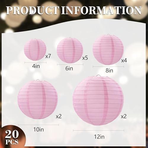 20Pcs Pink Paper Lanterns for Parties, 4” 6” 8” 10” 12” Chinese Asian Hanging Round Paper Lanterns for Birthday Wedding Halloween Christmas Home Decor Party Decor