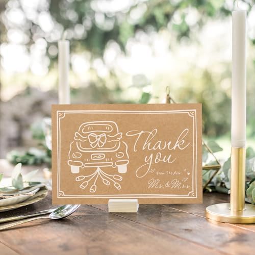 Whaline 24 Pack Wedding Kraft Thank You Cards The New Mr & Mrs Car Cake Thank You Blank Note Card Greeting Cards with Envelope Sticker for Bridal Shower