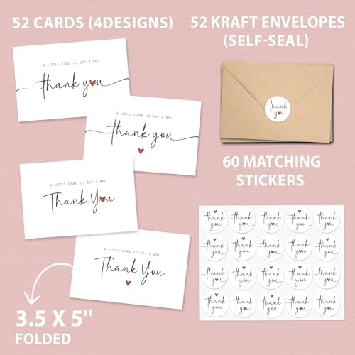 UnimaxPrint 52 Thank You Cards with Envelopes & Stickers, 4 Designs 3.5"x5"