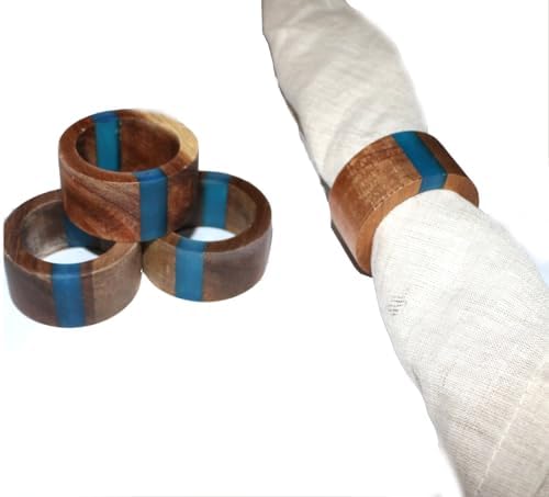 Wooden Napkin Rings Set of 8 for Dinning Table Decor - Acacia Wood Resin Napkin Holder Blue Napkin Ring for Home and Kitchen Décor (Round Shape)