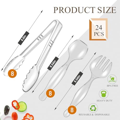 Mwellewm 24Pcs Plastic Serving Utensils Set, Disposable Spoons Tongs Forks