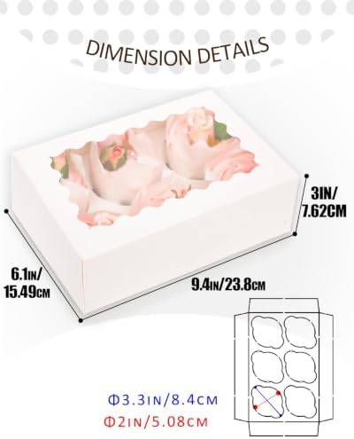qiqee Auto-pop Up Cupcake Boxes with Window White 100PCS 6 Count Cupcake Box 9.4"x6.1"x3" Cupcakes Carrier, 6 Cupcake Containers