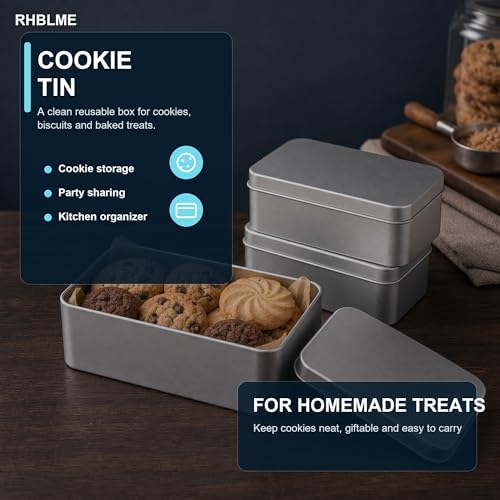 RHBLME 12 Pack Rectangular Tin Boxes with Lids, 4.9 x 3.6 x 1.8 Inch Empty Metal Tin Containers, Silver Storage Tins for Cookies, Candy, Treats, Gifts, Party Favors, Crafts and Small Items