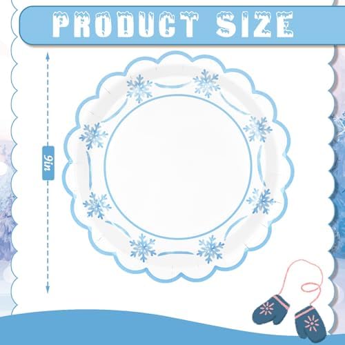 JarThenaAMCS 50 Pcs Winter Paper Plates Christmas Snowflake Scalloped Disposable Plate Blue Decorative Tableware for Xmas Holiday Party Decor Supplies, 9 In