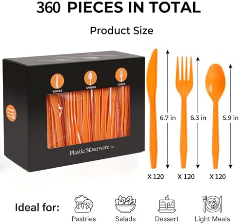 360Pcs Orange Plastic Silverware Set, Disposable Forks Spoons Knives
