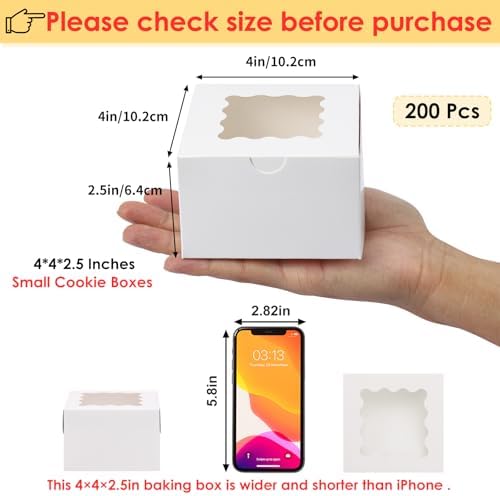 Moretoes 200pcs Small Cookie Boxes with Window,4x4x2.5In Brown Bakery Boxes