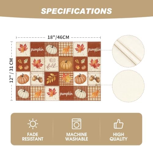 Artoid Mode Pumpkin Maple Leaf Plaid Fall Placemats Set of 4-12 x 18 Inch