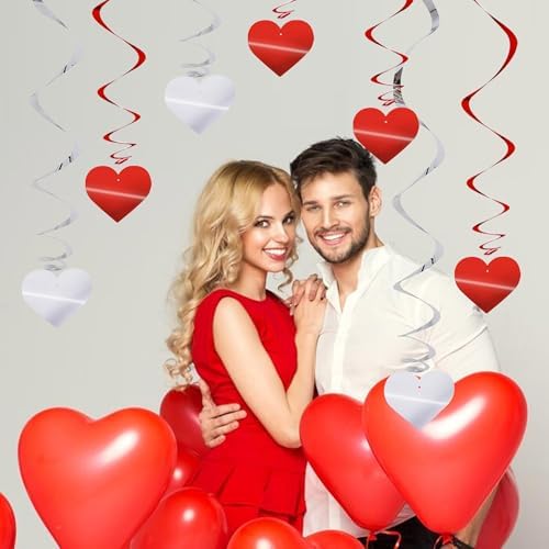 BEISHIDA Happy Valentine's Day Hanging Swirls Valentine's Decorations Red Silver Heart Hanging Ornament Wedding Anniversary Engagement Proposal Party Supplies Romantic Party Decorations Pack of 15