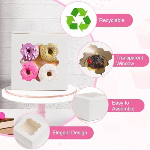 26pcs White Cookie Boxes with Window, 4x4x2.5 Inch, 36pcs Stickers