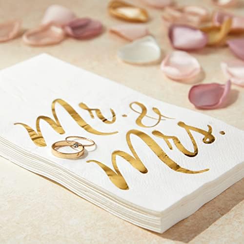Juvale Wedding Napkins Mr & Mrs - 4 x 8 In, 3-Ply White & Gold, 50 Count - Disposable Bridal Shower & Reception Beverage Napkins