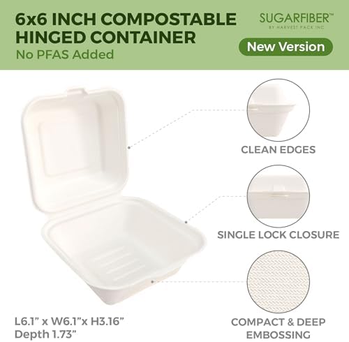 6X6 inch Compostable White Clamshell Take Out Food Containers with Lids