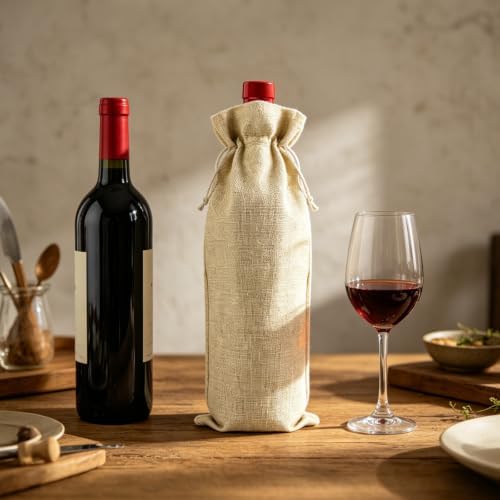 Oenothera 10 Pack Burlap Wine Gift Bags with Drawstring Fit 750ml, Natural