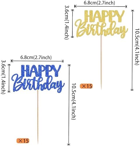 30 PCS Happy Birthday Cupcake Toppers Glitter Happy Birthday Cupcake Picks for Celebrating Anniversary Theme Christmas Party Cake Decorations Supplies Gold Blue