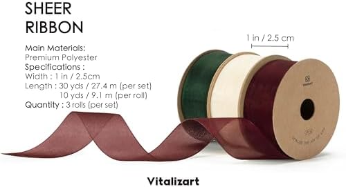 Vitalizart Christmas Organza Ribbon 1" x 30 Yd Sheer Ribbon Gift Wrapping