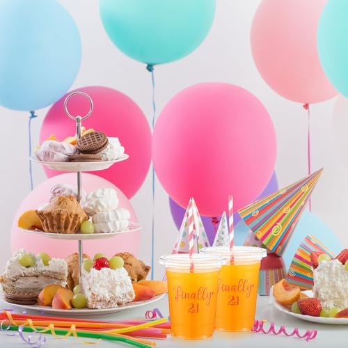 Funnymoom 50 Sets 21st Birthday Cups for Women 16 oz Plastic Cups with Lids and Straws Clear Happy Birthday Disposable Drinking glasses Bulk for Finally 21 Anniversary Party Supplies