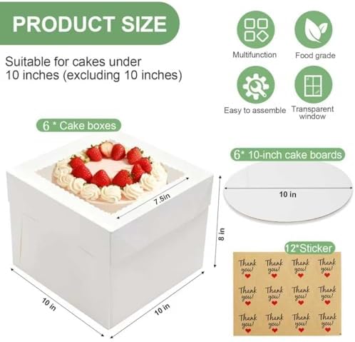 6 Pack Cake Boxes with Window, 10x10x8 Inches, for Wedding Birthday