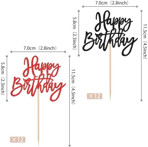 24 PCS Happy Birthday Cupcake Toppers Glitter Happy Birthday Cupcake Picks for Celebrating Anniversary Theme Party Cake Decorations Supplies Black Red