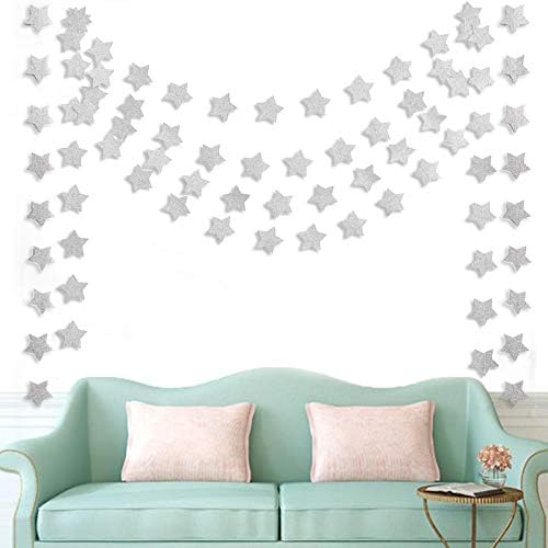 6 Pcs Glitter Silver Star Paper Garland Christmas Birthday Party Decorations Sparkling Bunting Banner Hanging Decorations for Bridal Shower Baby Shower Bachelorette Party Wedding Holiday (50 Feet)