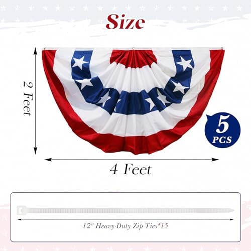 HOOSUN 5 Pack Flag Bunting for Outside,Patriotic 4th of July Decorations,2x4 FT Patriotic Bunting Flags Memorial Day Decor,Red White and Blue Pleated Fan Flag,Flags Banners for Porch