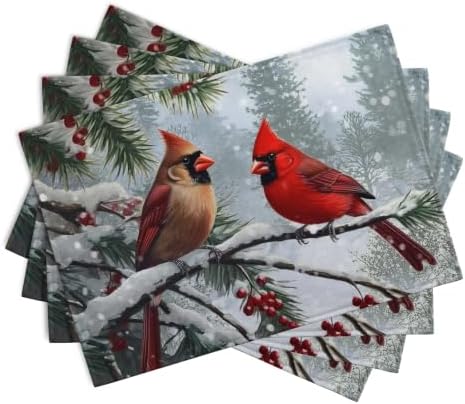Christmas Placemats Set of 4 Red Cardinal Birds Snowy Place Mats