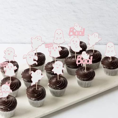 Rsstarxi 24 Pack Halloween Ghost Cupcake Toppers Glitter Pink Ghost Cupcake Picks Decorations for Happy Boo Day Birthday Baby Shower Halloween Party Cake Decorations Supplies