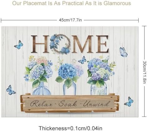 Blue Floral Placemats Set of 6, 12x18 Inch Spring Flower Hydrangea Butterfly Rustic Sweet Home Wooden Plank Seasonal Farmhouse Holiday Cafe Table Mats for Party Kitchen Dining Decoration