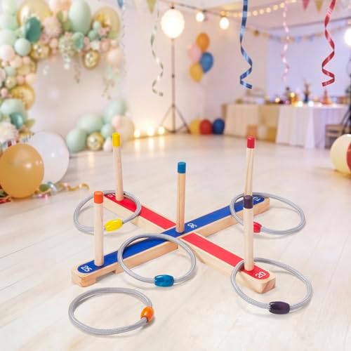 WILLOWDALE Wood Ring Toss Game for Kids, Outdoor Yard Games with 5 Rings