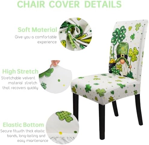 St Patricks Day Chair Cover Set of 4 Irish Gnome Shamrock Dining Room Slipcovers Stretch Parsons Chair Seat Protectors St Patricks Spring Holiday Decor-4PCS