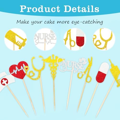 Nurse Cupcake Toppers, 24 PCS Glitter Nurses Week Cupcake Picks, Nursing School Graduation Food Picks Cupcake Toppers Cake Decorations for National Nurse Day Nursing Graduation Congrats Party Supplies