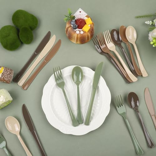 Kochorie 300 Pieces Woodland Plastic Silverware, Disposable Plastic Utensils, Heavy Duty Cutlery Set Heavyweight Flatware Includes Spoons Forks Knives for Birthday Wedding Forest Party Supplies