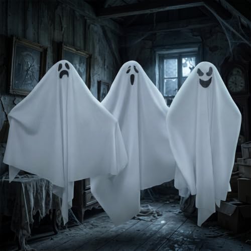 Anditoy 3 Pack 27.5" Halloween Hanging Ghosts Decorations Spooky Cute Flying Ghost for Indoor Outdoor Lawn Garden Yard Haunted House Halloween Decor Party Supplies
