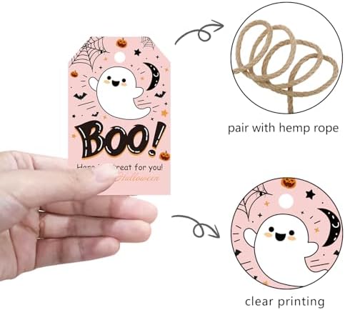 Aukolass 50Pcs Boo Gift Tags, Halloween Treat Tag (Pink Boo)