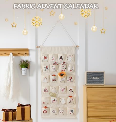 MONOBLANKS Fabric Hanging Advent Calendar with Pockets, Christmas Pattern A