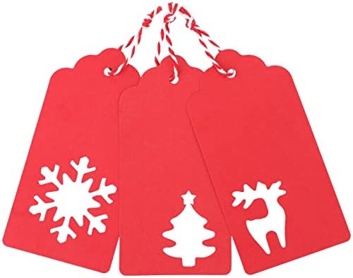 Christmas Holiday Tags,Christmas Gift Wrap Tags,Red Christmas Tree Snowflake Reindeer Tags,Red Paper Tags with Red and White String,150 Pcs