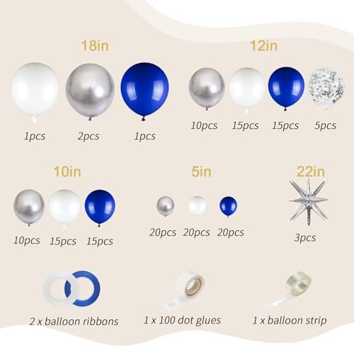 156 Pack 18" 12" 10" 5" Inch Blue and Silver Balloons Garland Arch Kit