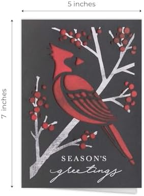 Masterpiece Striking Cardinal Holiday Cards / 10 Boxed Laser Cut Red Christmas Bird Cards With Coordinating Envelopes / 5" x 7" Folded Winter Seasonal Greeting Card Pack With Inside Verse