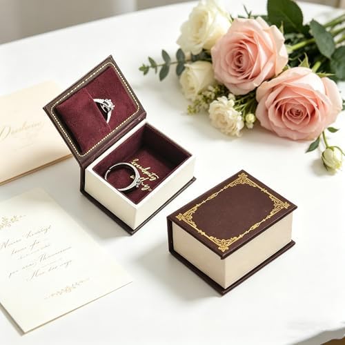 Book Shaped Ring Box - Vintage Engagement Ring Box with Hinged Lid for Proposal Engagement Wedding, Proposal Ring Case -PRB012-Brown