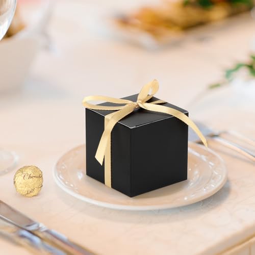 EUSOAR Black Favor Boxes, 120pcs 3x3x3 Inches Small Gift Boxes Mini Bakery Cookies Candy Box with Gold Ribbon, Square Paper Chocolate Containers for Wedding Birthday Bridal Party Favor Decoration