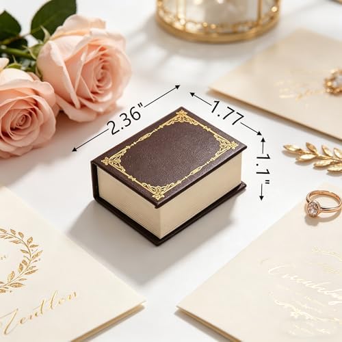 Book Shaped Ring Box - Vintage Engagement Ring Box with Hinged Lid for Proposal Engagement Wedding, Proposal Ring Case -PRB012-Brown