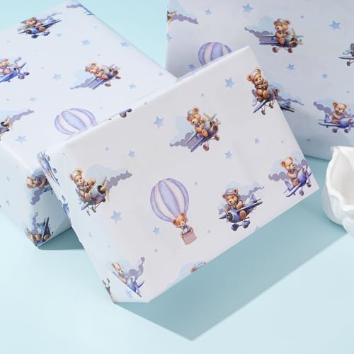 Cuitpan Baby Shower Wrapping Paper Roll - Blue Bears in Hot Air Balloon & Airplane Design for Baby Boy, Birthday Gift Wrap, Baby Shower Decor - 17 inches x 16.5 Feet,Cut Lines on Back