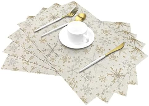 Christmas Place mats Set of 4, 12x18 Inches Gold Gray Snowflake Decorative Placemats Rectangle Winter Table Mats for Party Home Kitchen Dining Table Decoration